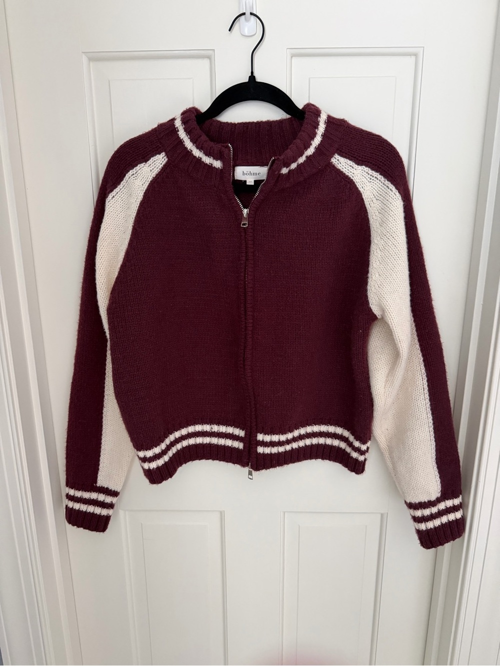Bohme Burgundy and Cream Zip-Up Knit Sweater